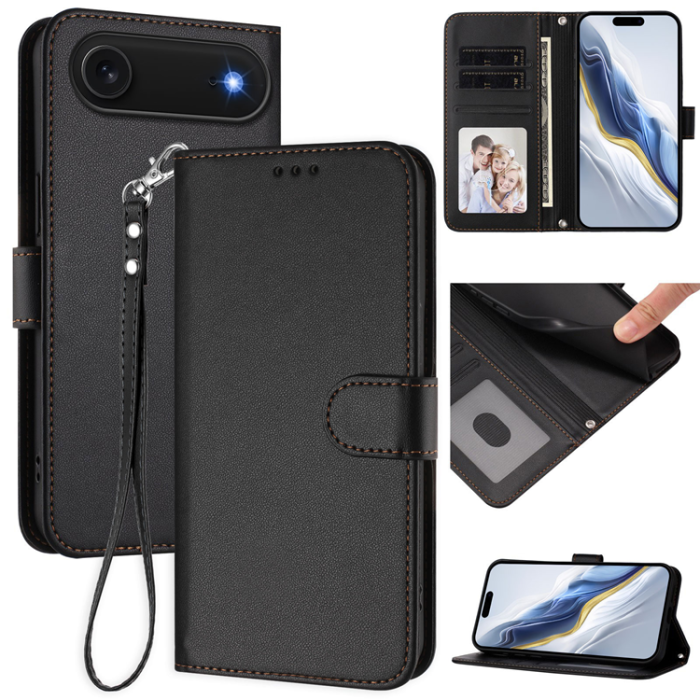 A-One Brand - iPhone 17 Air Plånboksfodral Läder med Handledsrem - Svart