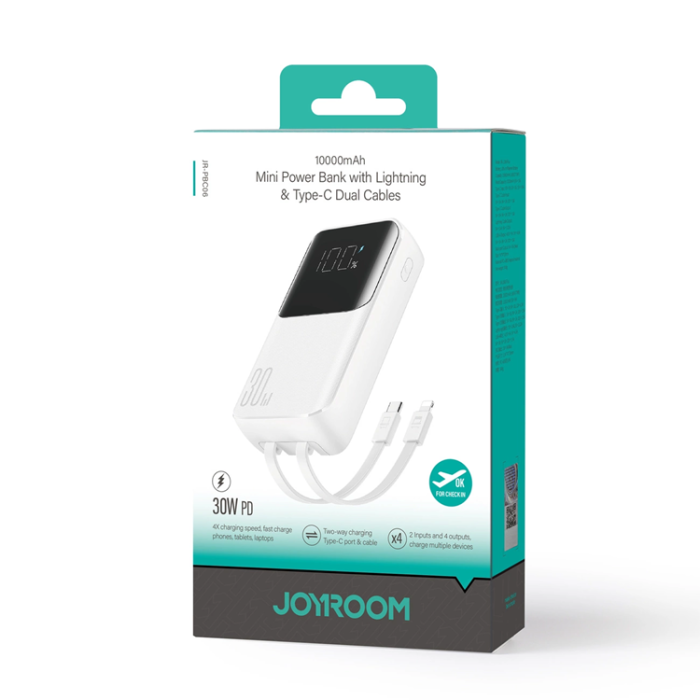 Joyroom - Joyroom Powerbank 10000mAh 30W med Lightning/USB-C Kablar - Vit