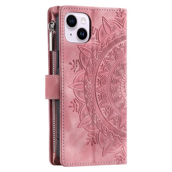 A-One Brand - iPhone 15 Plus Plånboksfodral Mandala Flower Imprinted - Rosa Guld