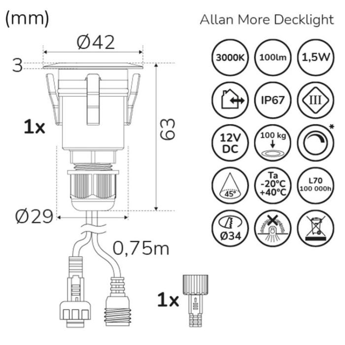 LLITT - LLITT Allan More Decklight 12V 3000K 100lm IP67