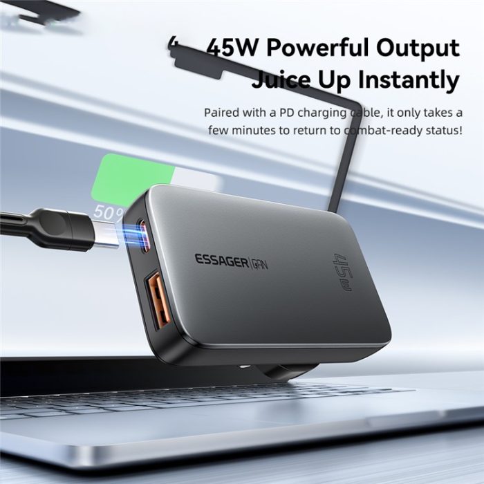 ESSAGER - ESSAGER GaN Snabbladdare 45W USB-C - USB-A ES-CD50 UK - Svart