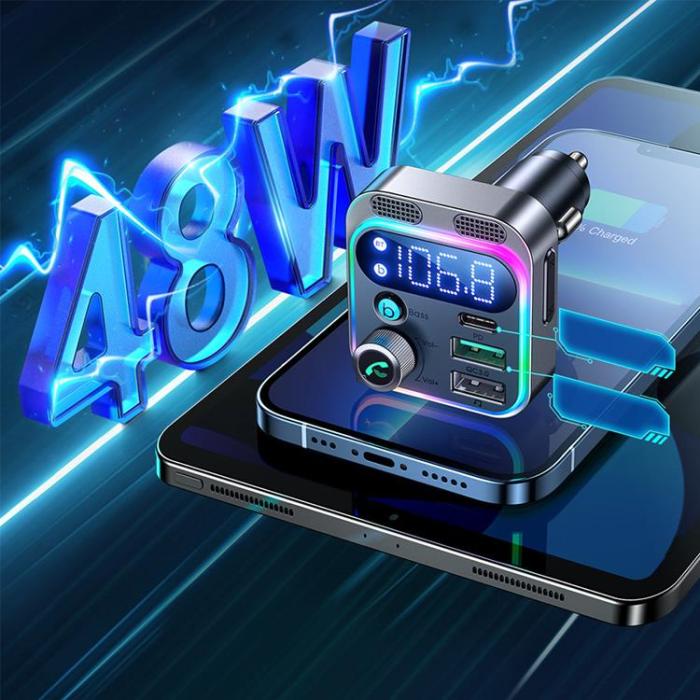 Joyroom - Joyroom Billaddare 2xUSB-A/USB-C 48W FM Sändare Trådlös - Svart