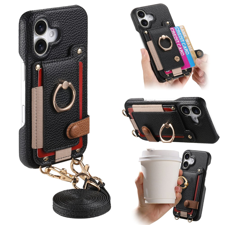 iPhone 16 Mobilskal med Korthållare Ring Kickstand (Svart) | 2353 | AlltMobil