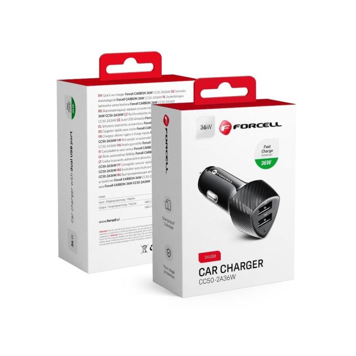 Forcell - FORCELL billaddare USB QC 3.0 18W + USB QC 3.0 18W svart