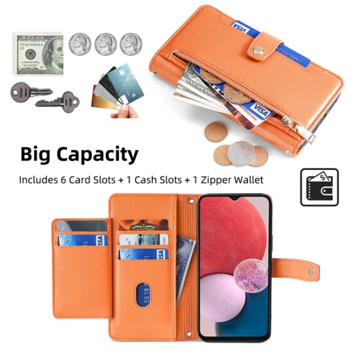 A-One Brand - Galaxy A13 4G Konstläder Plånboksfodral Anti-Drop - Orange
