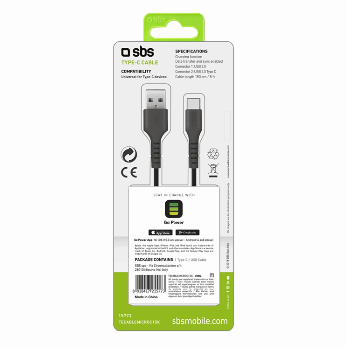 SBS - SBS USB-A - USB-C Kabel 1.5m - Svart