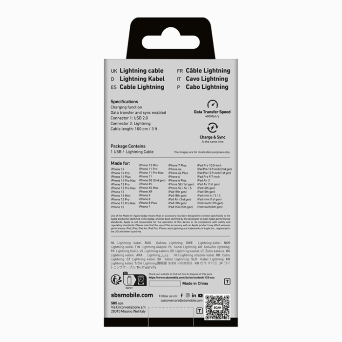 SBS - SBS USB-A - Lightning Kabel 1m MFi Certified - Svart