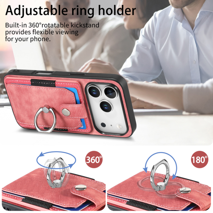 A-One Brand - iPhone 17 Pro Mobilskal med Korthållare Läder Kickstand - Rosa