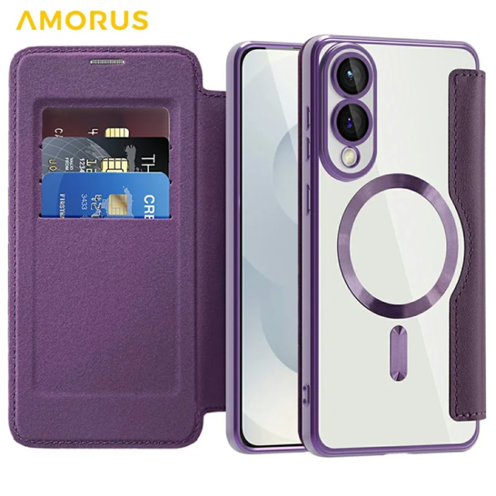 Amorus - Amorus Galaxy S25 Edge Plånboksfodral Magsafe RFID - Mörklila