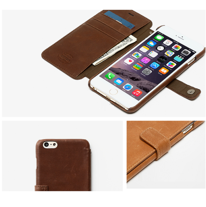 UTGATT5 - Zenus Vintage Äkta Läder Plånboksfodral till Apple iPhone 6(S) Plus (Brun)