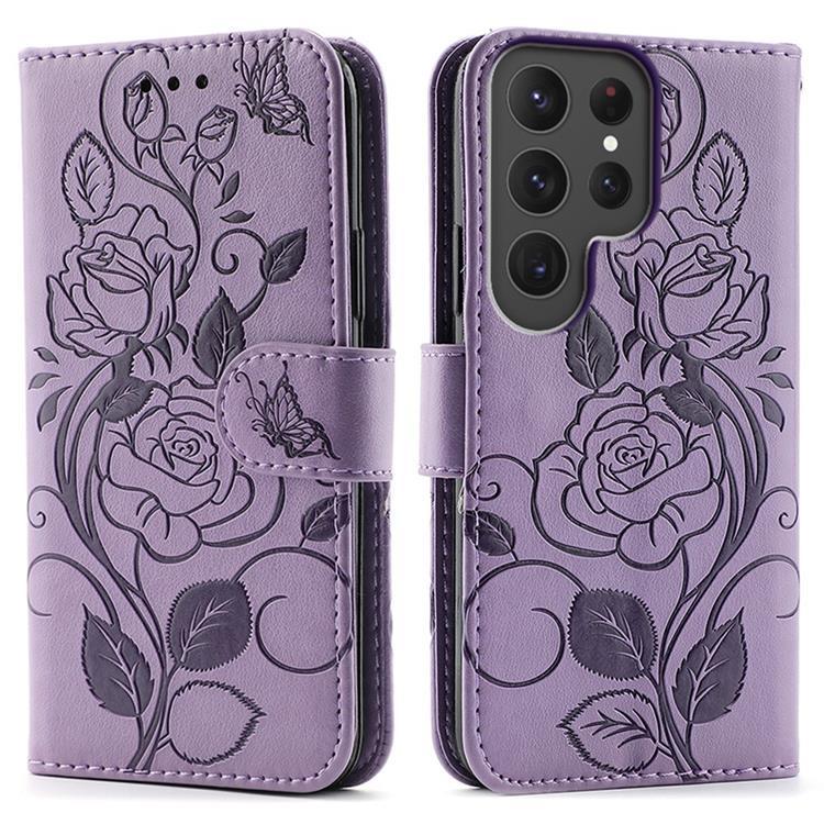 Galaxy S25 Ultra Konstläder Plånboksfodral Imprinted Rosa Butterfly - Lila (Lila) | 2353 | AlltMobil