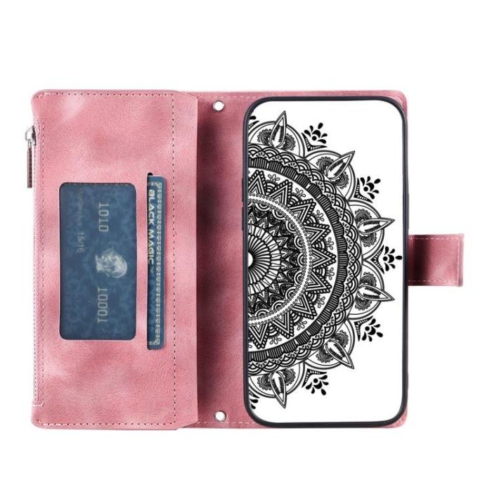 A-One Brand - iPhone 15 Plus Plånboksfodral Mandala Flower Imprinted - Rosa Guld