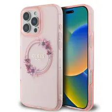 Guess - Guess iPhone 16 Mobilskal MagSafe IML Flowers Wreath - Rosa