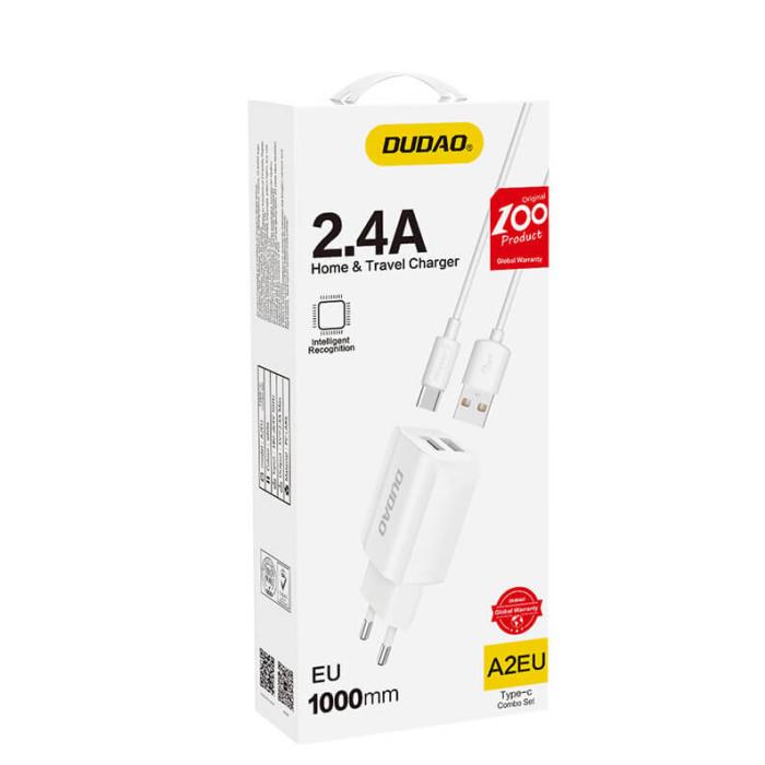 Dudao - Dudao 2x USB Väggladdare 5V/2.4A + micro USB kabel vit