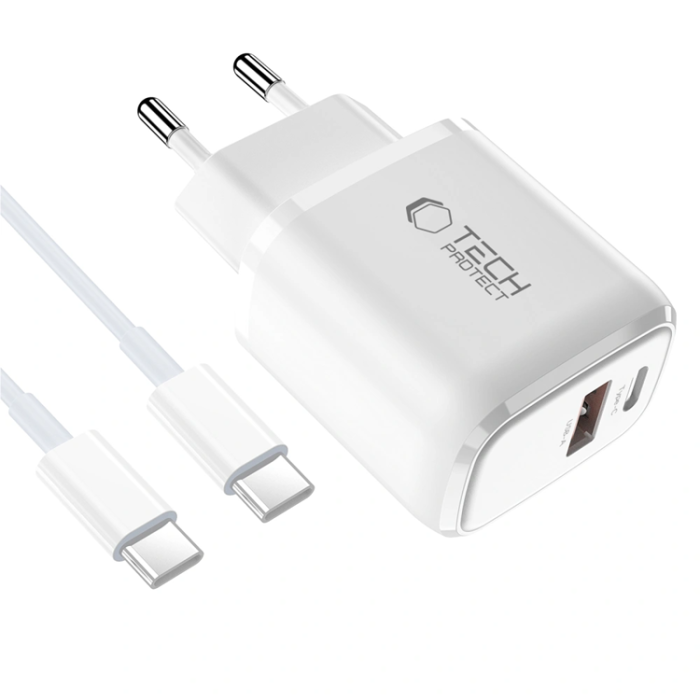 Tech-Protect - Tech-Protect Väggladdare 20W med USB-C Till USB-C Kabel - Vit