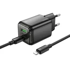 Hoco - Hoco Snabbladdare PD 20W USB-A USB-C QC3.0 3A med Lightning Kabel N52 - Svart
