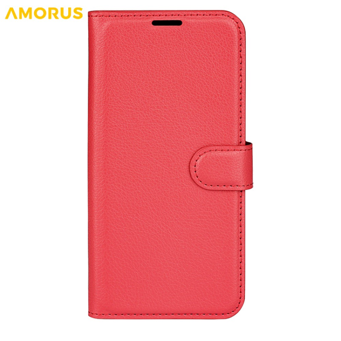 Amorus - AMORUS iPhone 17 Pro Max Plånboksfodral Flipstativ Litchi - Röd