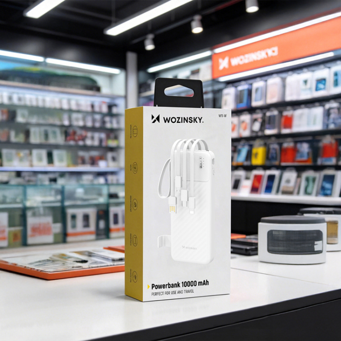 Wozinsky - Wozinsky Powerbank W11-B 10000mAh 10W med Inbyggda Kablar - Vit