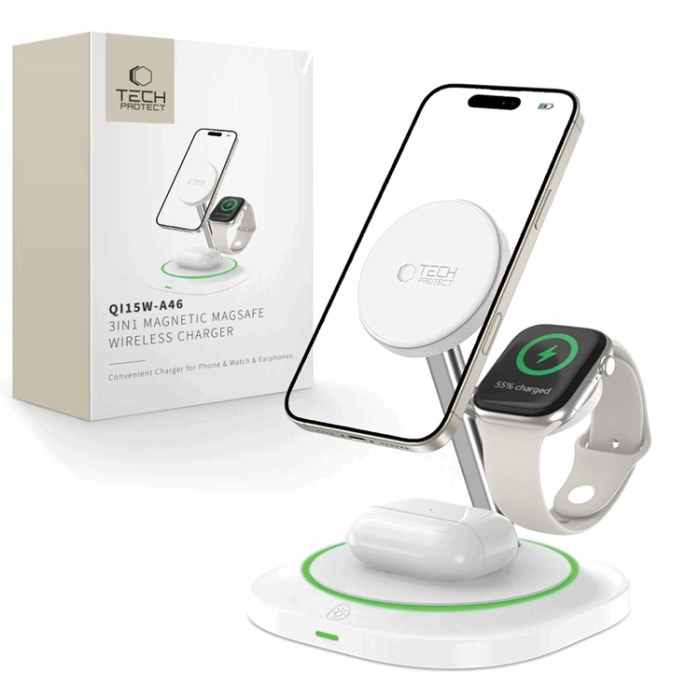Tech-Protect - 3-in-1 Magsafe Trådlös Laddare iPhone, Apple Watch, AirPods Qi 15W