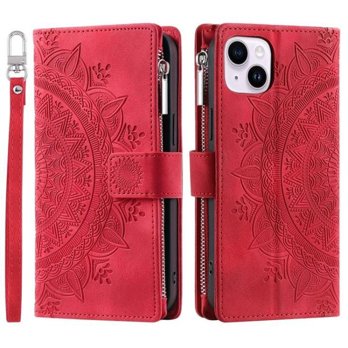 OEM - iPhone 15 Plus Plånboksfodral Mandala Flower Imprinted - Röd