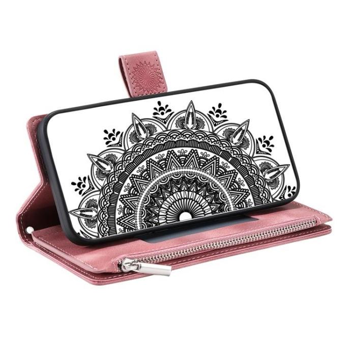 A-One Brand - iPhone 15 Plus Plånboksfodral Mandala Flower Imprinted - Rosa Guld
