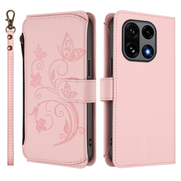 A-One Brand - OnePlus 15 Konstläder Plånboksfodral Butterfly Floral Imprint Zipper