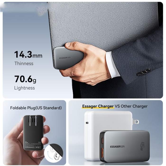 ESSAGER - ESSAGER GaN Snabbladdare 45W USB-C - USB-A ES-CD50 US - Svart
