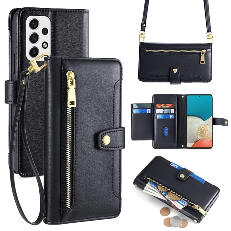 Galaxy A53 5G Konstläder Plånboksfodral Crossbody Axelrem (Svart) | 2353 | AlltMobil