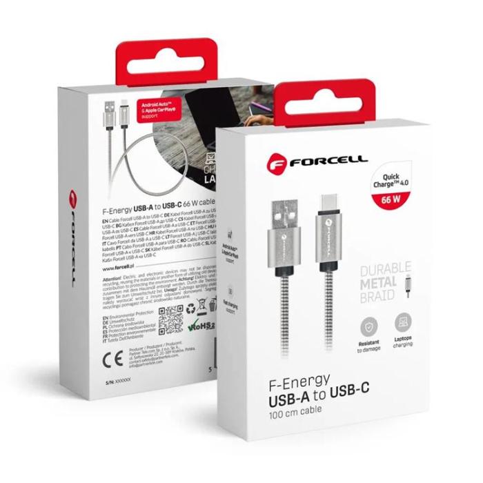 Forcell - Forcell USB-A till USB-C 66W Kabel 3A 1m QC4.0 C234 - Silver
