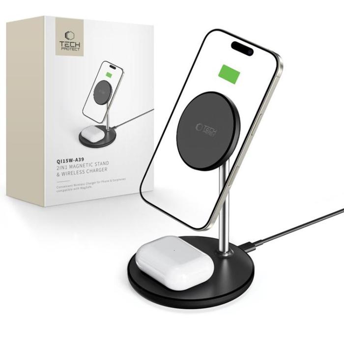 Tech-Protect - Tech-Protect 2-in-1 Trådlös Laddare Magsafe Magnetic QI 15W-A39 - Svart
