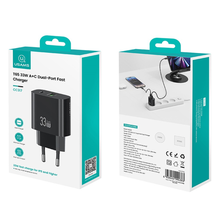 USAMS - USAMS GaN Snabbladdare USB-C - USB-A 33W CC317 T65 EU - Svart