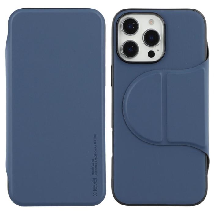X-Level - X-LEVEL Mobilskal till iPhone 16 Pro Läder Flip Ställ Blå
