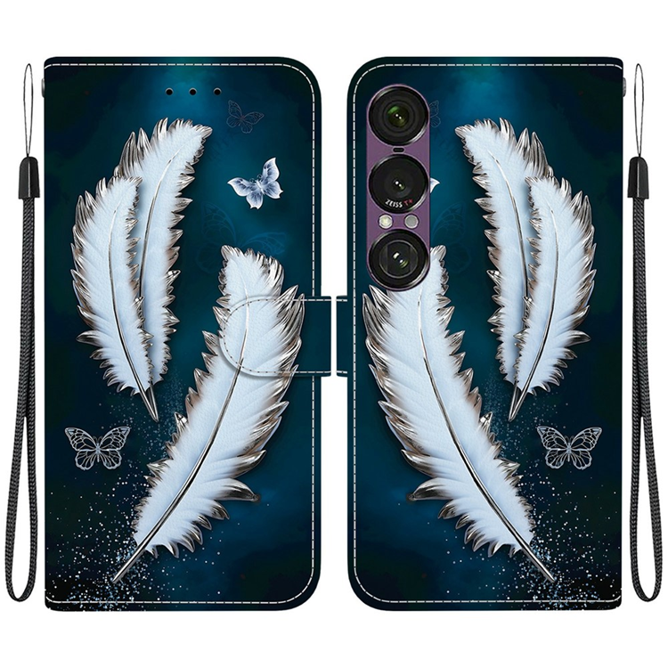 Sony Xperia 1 VII Konstläder Plånboksfodral med Lanyard Printing - Vit Feather | 2353 | AlltMobil