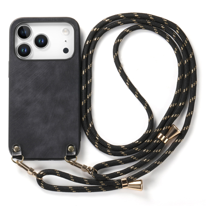 A-One Brand - iPhone 17 Pro Mobilskal med Justerbar Rem Retro Läder - Svart