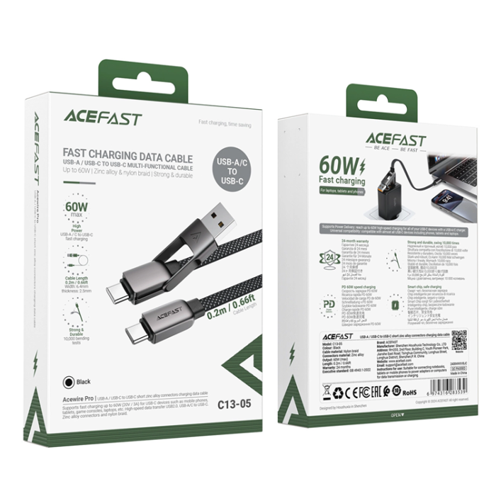 Acefast - Acefast USB-C - USB-A - USB-C 3A Kabel 0.2m 480Mb/s Svart