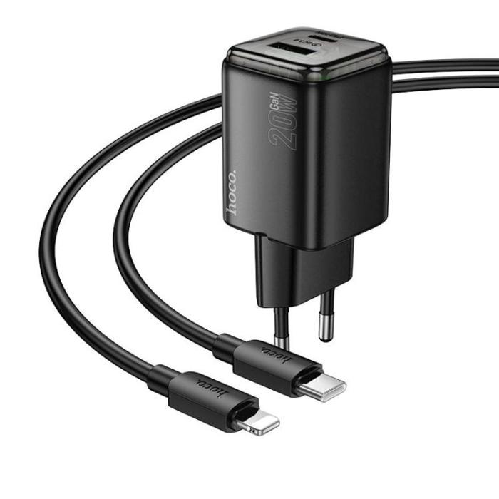 Hoco - Hoco Snabbladdare PD 20W USB-A USB-C QC3.0 3A med Lightning Kabel N52 - Svart