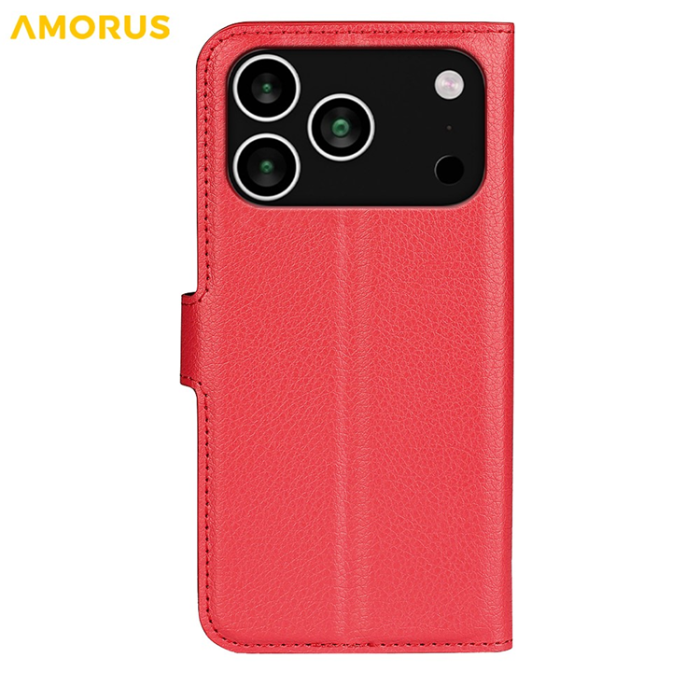 Amorus - AMORUS iPhone 17 Pro Max Plånboksfodral Flipstativ Litchi - Röd