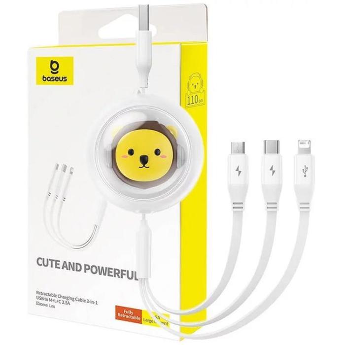 BASEUS - Baseus 3in1 USB-A till USB-C, Lightning, microUSB kabel 1.1m - Vit