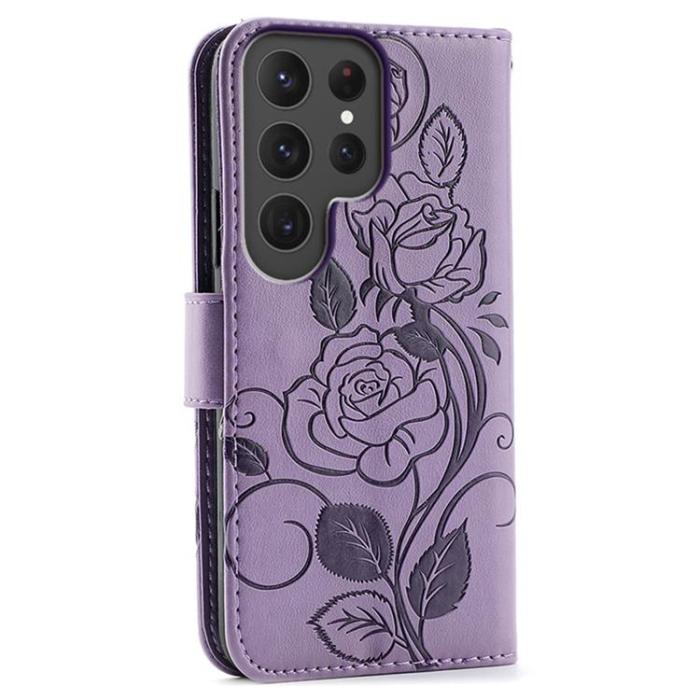 A-One Brand - Galaxy S25 Ultra Konstläder Plånboksfodral Imprinted Rosa Butterfly - Lila