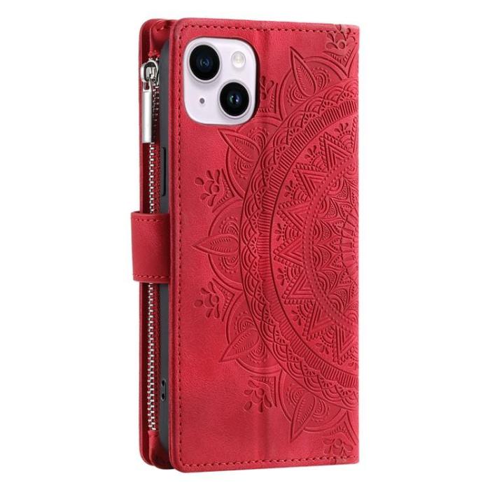 OEM - iPhone 15 Plus Plånboksfodral Mandala Flower Imprinted - Röd