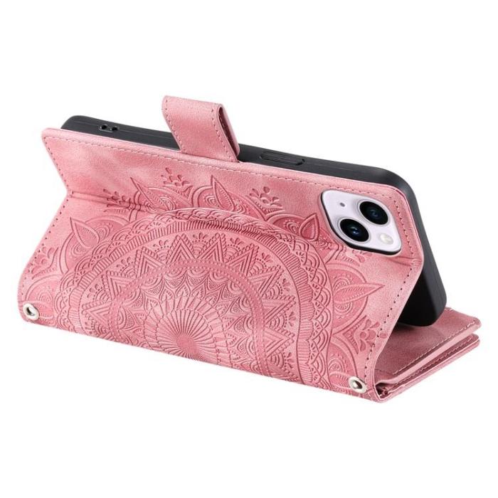 A-One Brand - iPhone 15 Plus Plånboksfodral Mandala Flower Imprinted - Rosa Guld