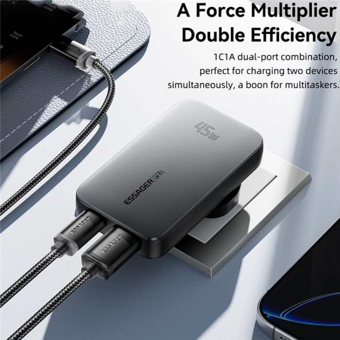 ESSAGER - ESSAGER GaN Snabbladdare 45W USB-C - USB-A ES-CD50 UK - Svart
