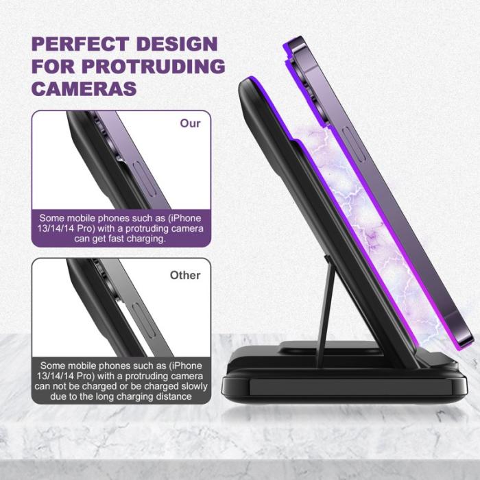 OEM - Q50A 3-i-1 Fällbar Trådlös Laddare för Telefon, Klocka, Hörlurar - Svart