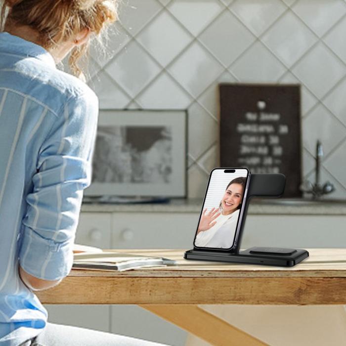 OEM - Q50A 3-i-1 Fällbar Trådlös Laddare för Telefon, Klocka, Hörlurar - Svart