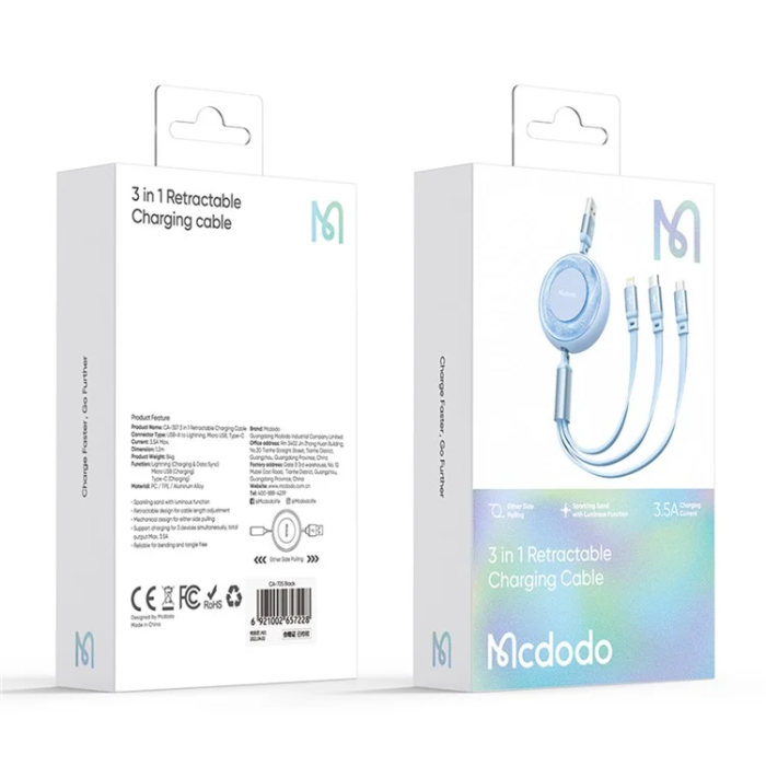 MCDODO - MCDODO Retractable 3in1 USB/USB-C/Lightning/microUSB Kabel 1m