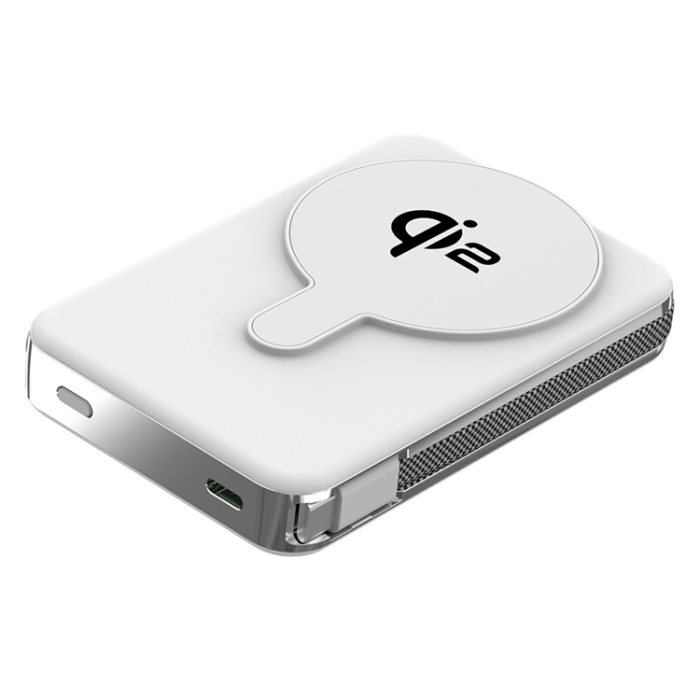 OEM - Qi2 Trådlös Magnetisk Powerbank 10000mAh 15W med Inbyggd Kabel - Vit