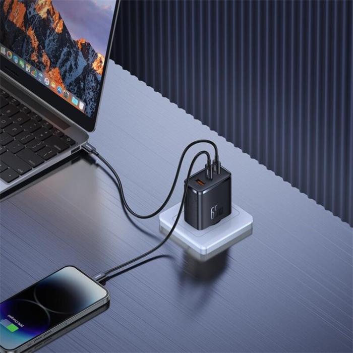 BASEUS - Baseus GaN Väggladdare 2x USB-C Till USB-A 65W Cube Pro - Svart
