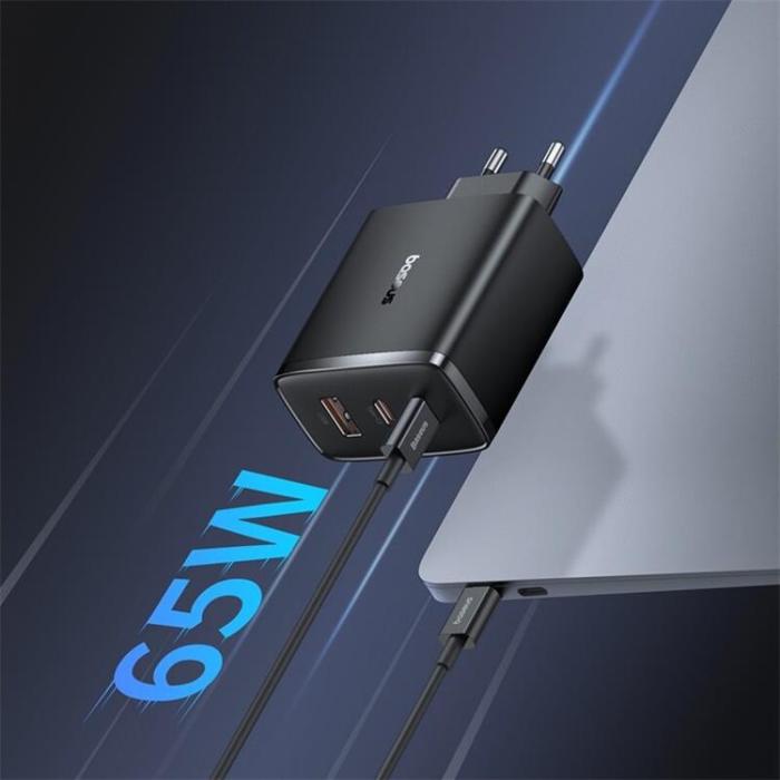 BASEUS - Baseus GaN Väggladdare 2x USB-C Till USB-A 65W Cube Pro - Svart