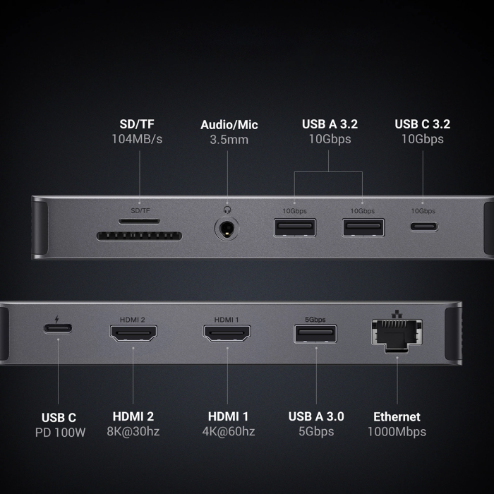 Ugreen - Ugreen 13in1 HUB USB-C Med HDMI, Display Port, RJ45, Aux, USB-C - Grå