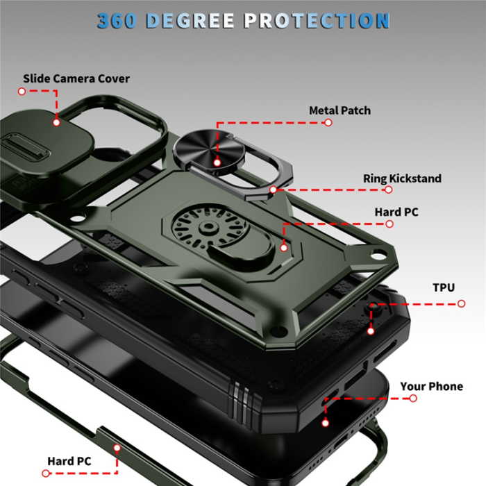 A-One Brand - iPhone 17 Mobilskal Slide Camshield Kickstand - Armégrön